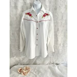 Western Shirt Womens M Pink Rose Embroidered Pearl Snap Ely Country Charmers